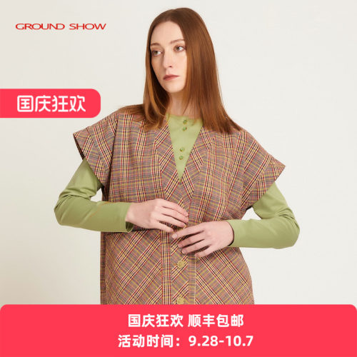 棕色坎肩阁兰秀宽松格子背心