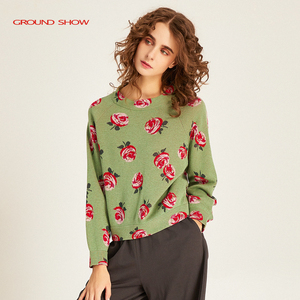阁兰秀2024年秋季新品马卡龙绿玫瑰提花针织套头衫羊毛毛衣女装
