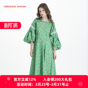纯棉碎花垂感长裙 绿色印花连衣裙圆领七分灯笼袖 阁兰秀春季 新款