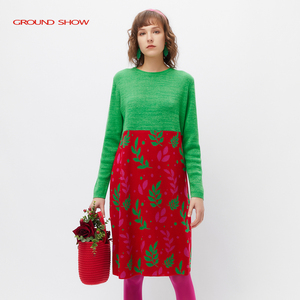 阁兰秀春秋含羊毛提花针织连衣裙女红绿撞色宽松显瘦圆领中长裙子