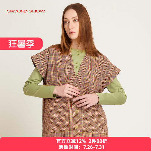 棕色坎肩阁兰秀宽松格子背心
