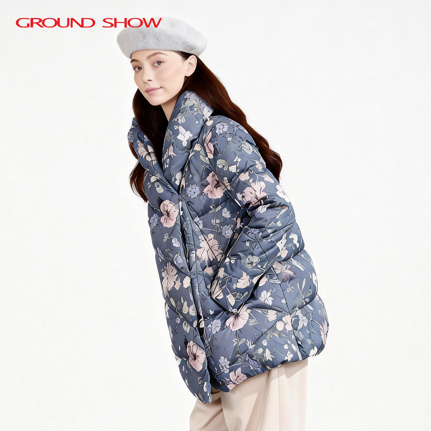 阁兰秀2025年秋冬新品灰蓝色印花白鸭绒短款羽绒服保暖外套女装