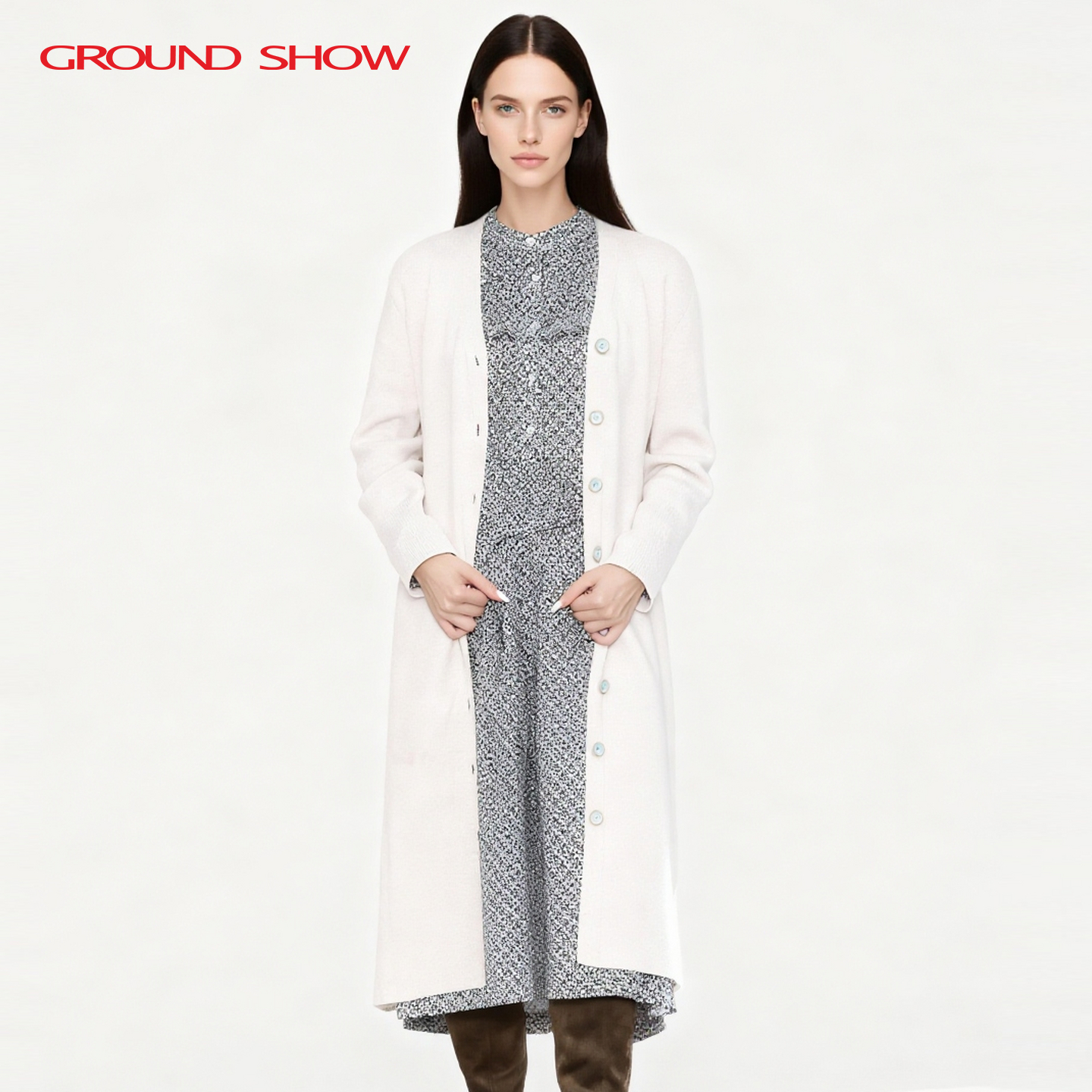 阁兰秀2025年秋季新品浅米色全件密针低V领针织长外套系带女装