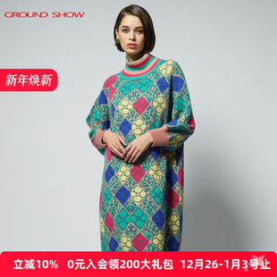 阁兰秀秋冬半高领提花含羊毛针织连衣裙洋气减龄宽松毛衣裙女装