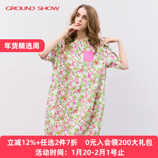 阁兰秀夏新品短袖印花纯棉衬衫连衣裙全棉假日田园风女装花卉裙子