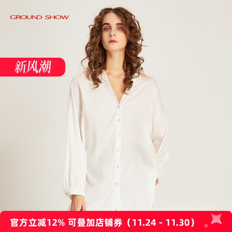 阁兰秀白色V领春秋薄款宽松衬衫