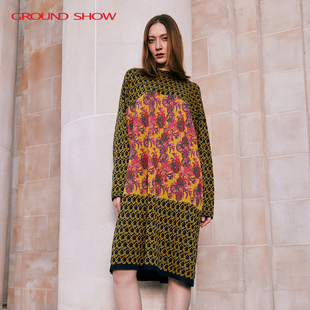 阁兰秀春季新品菱形提花针织连衣裙女中长款长袖毛衣裙轻奢高级感