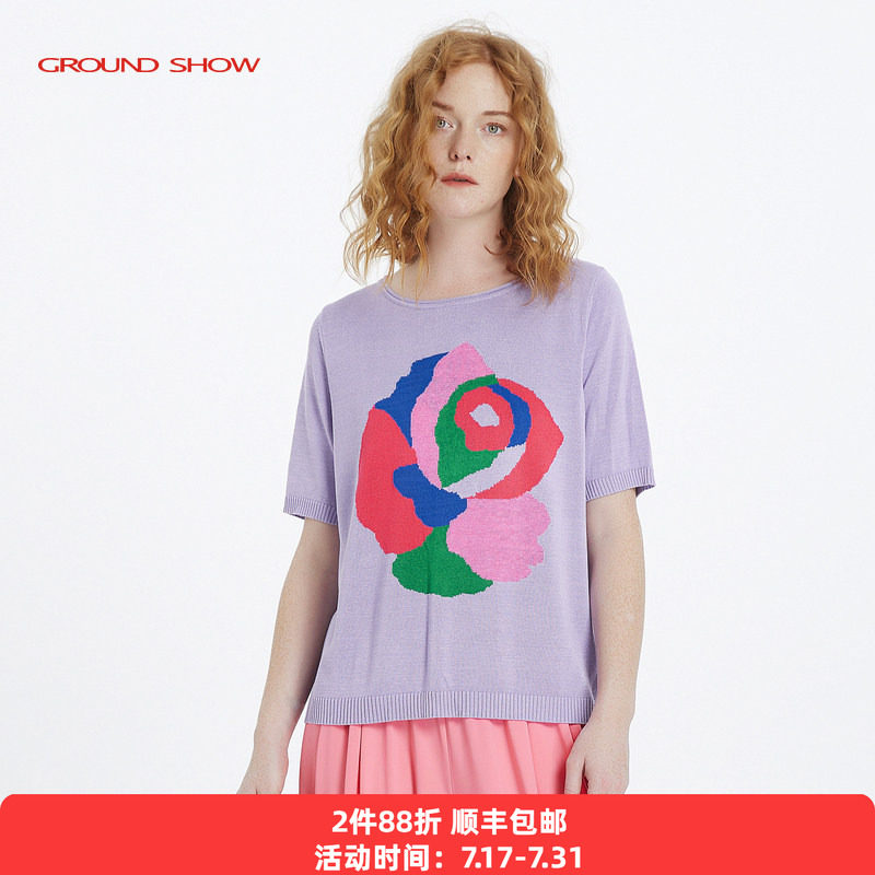 Ground Show/阁兰秀紫色提花针织衫短袖圆领套头上衣女2026夏新款