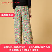 子 印花松紧腰休闲直筒宽松阔腿长裤 亚麻棉混纺 阁兰秀2025秋季