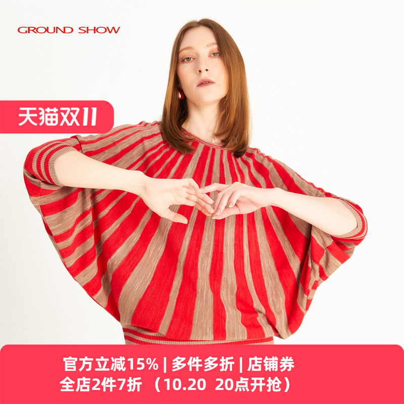 红色蝙蝠衫阁兰秀套头圆领