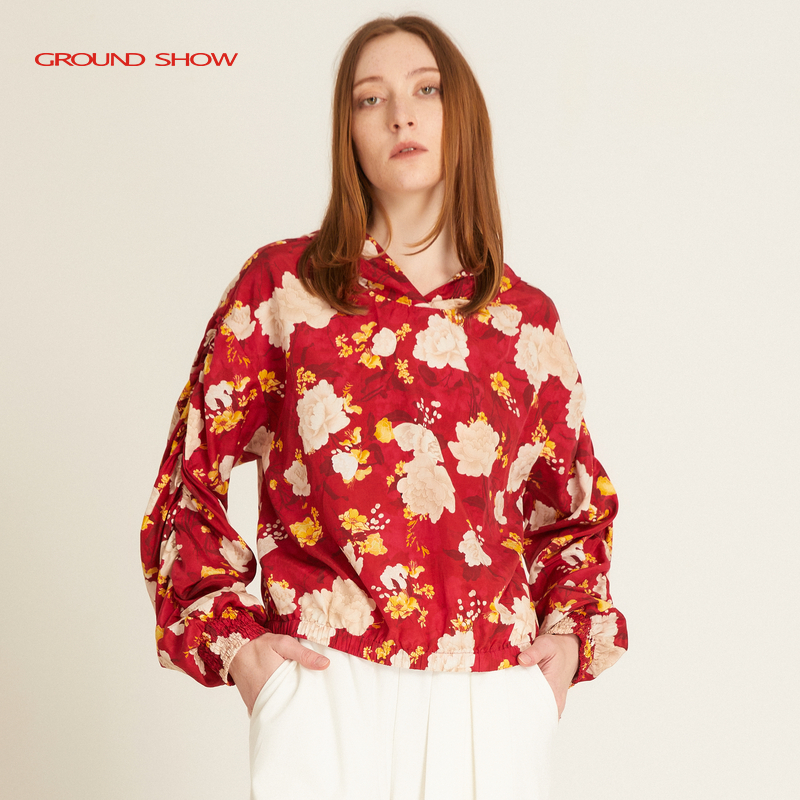 【进口丝绵混纺】阁兰秀2025年春夏新款酒红色印花连帽上衣女装