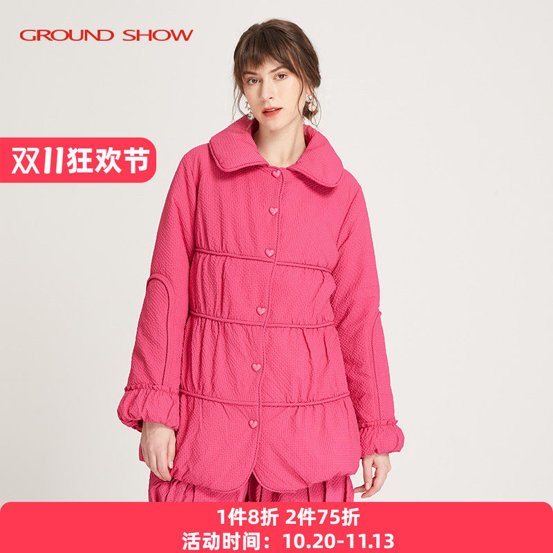 阁兰秀秋冬新品草莓粉小格提花棉衣精致减龄棉服外套商场同款女装