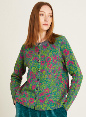 阁兰秀2025秋冬新款绿色提花针织开衫长袖圆领短款毛衣女显瘦外套