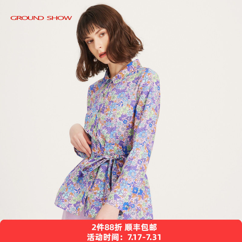 【商场同款】阁兰秀2025年春季新品紫色碎花系带衬衣设计感女装
