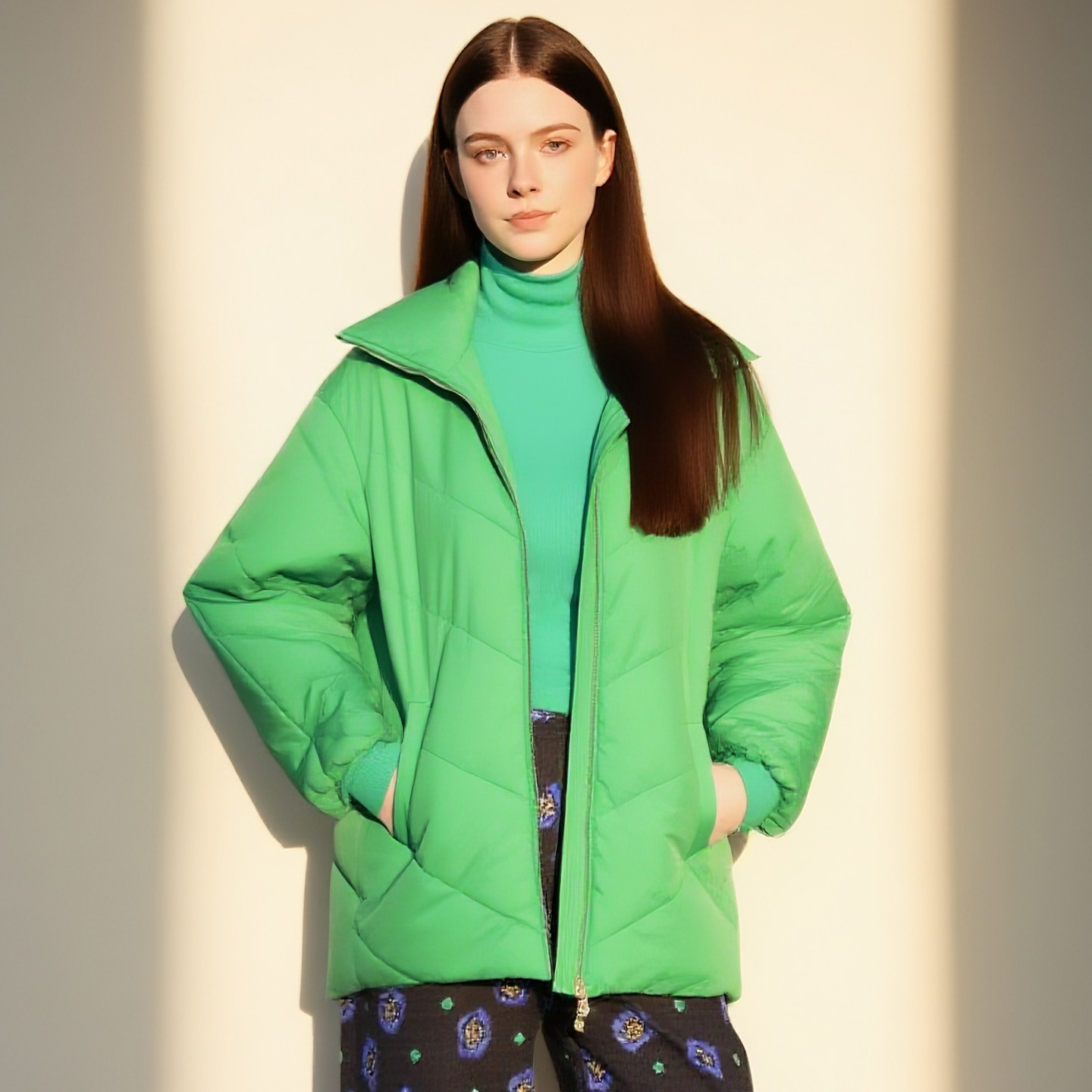 阁兰秀2026年秋冬新品鲜绿色大翻领棉衣利落挺括棉服减龄外套女装