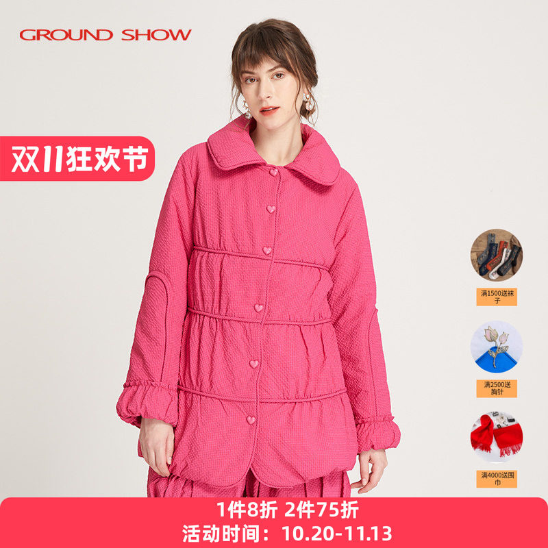 阁兰秀秋冬新品草莓粉小格提花棉衣精致减龄棉服外套商场同款女装