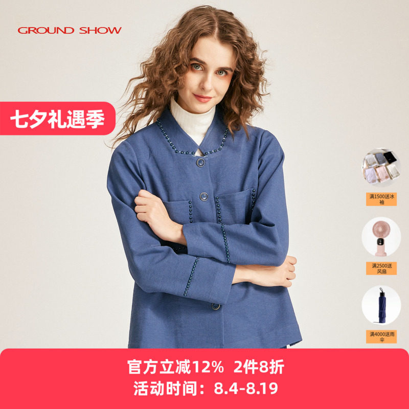 阁兰秀春款藏青色斜纹外套