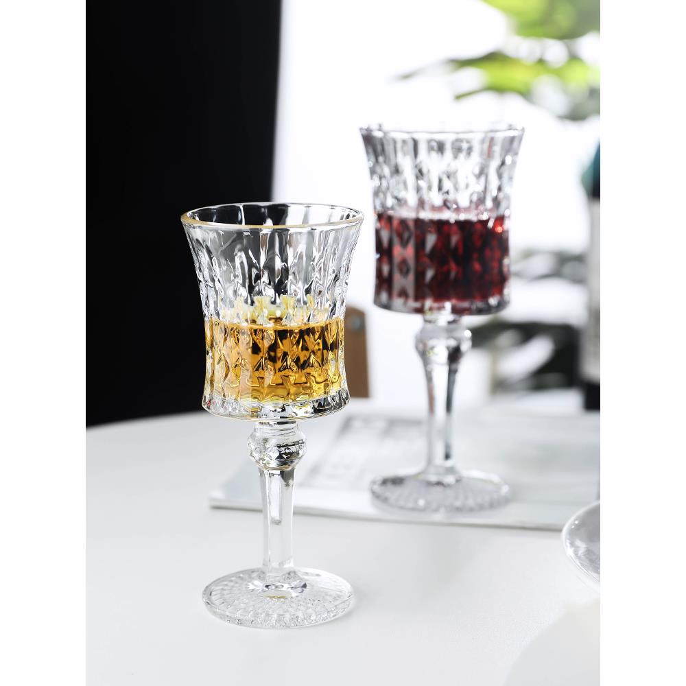 小众法国高脚杯透明高颜值香槟杯红酒杯欧式浮雕饮料玻璃杯ins风