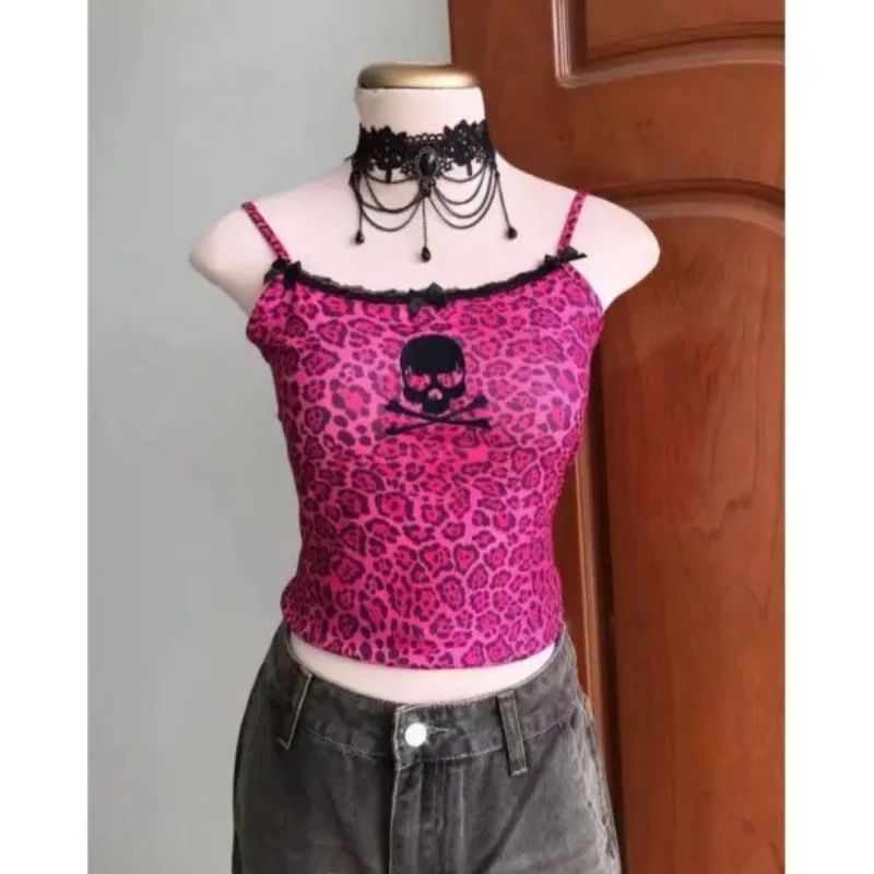 Y2k Women Tops Pink Leopard Skull Tank Top Women Casual Slee