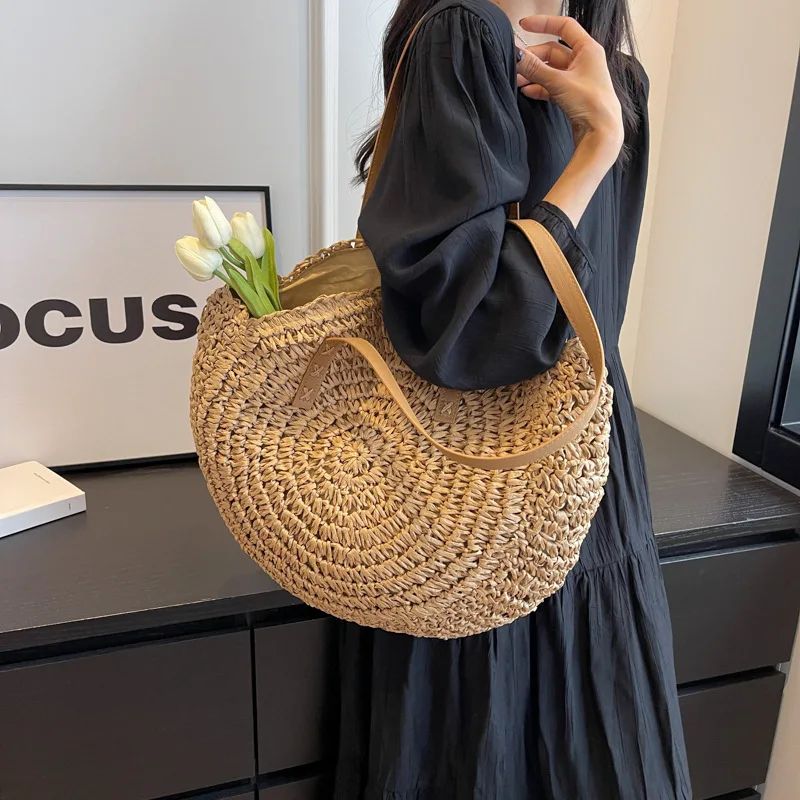 Summer Round Straw Shoulder Bags for Women Rattan Handmade W