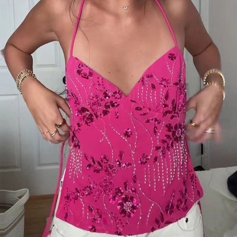 Sparkly Open Back Tie Up Crop Tops Embellished Shiny Y2K Bea