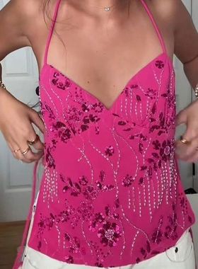 Sparkly Open Back Tie Up Crop Tops Embellished Shiny Y2K Bea