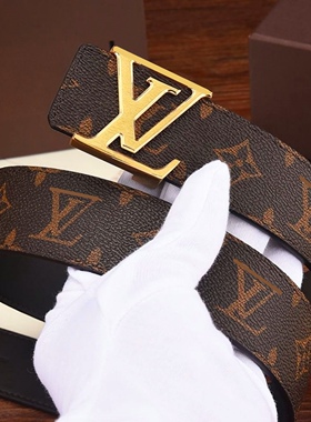 男士时尚百搭真皮格纹商务字母皮带裤带腰带内扣潮流真皮女lv0G