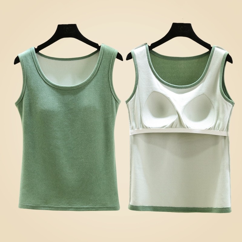 德绒带胸垫圆领背心女秋冬保暖防寒吊带宽松无袖上衣加绒加厚内搭