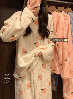 珊瑚绒保暖加绒加厚睡衣套装女秋冬季甜美新款可外穿家居服两件套
