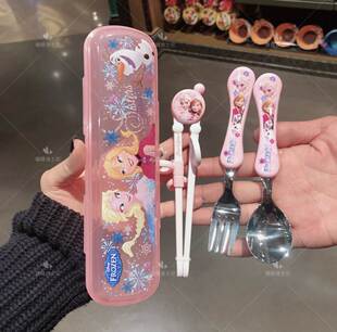 迪士尼 长发公主米奇米妮儿童叉子筷子勺子餐具便携收纳盒套装