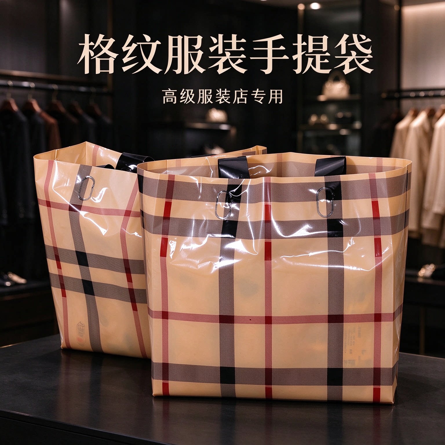 加厚好用服装店购物袋子儿童装衣服手提塑料杏色方格条纹礼品胶袋