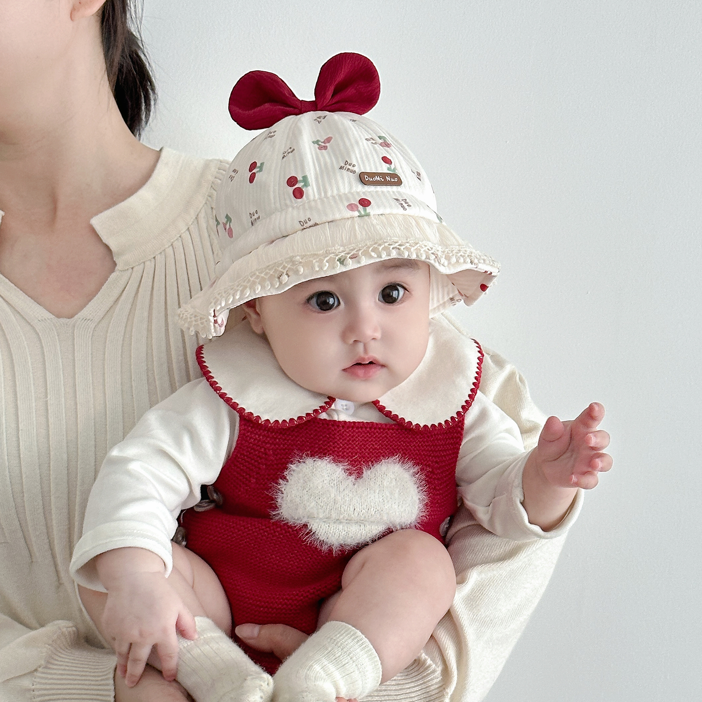 彼彼熊渔夫帽遮阳帽蝴蝶结小樱桃