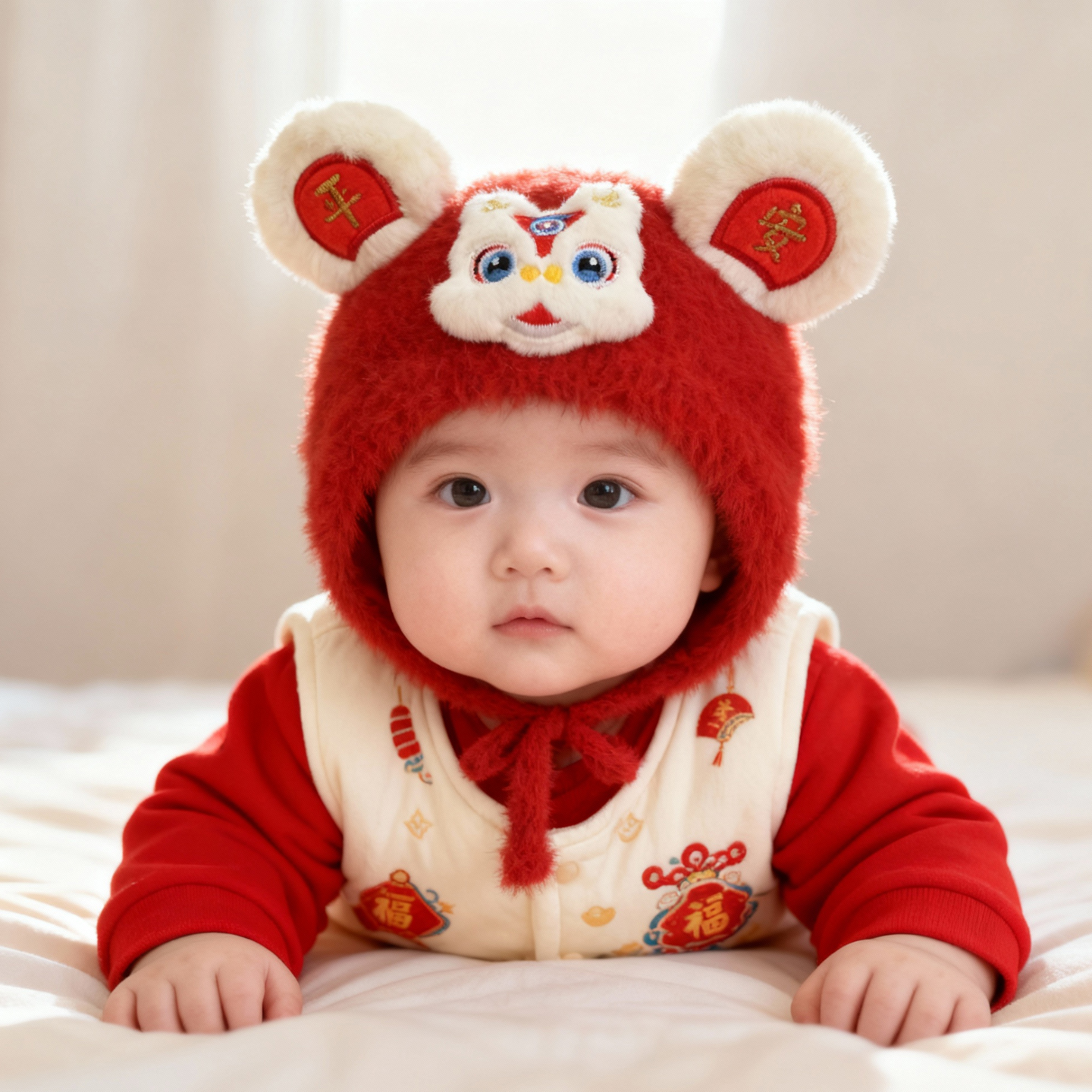 彼彼熊毛绒帽护耳帽醒狮设计喜庆