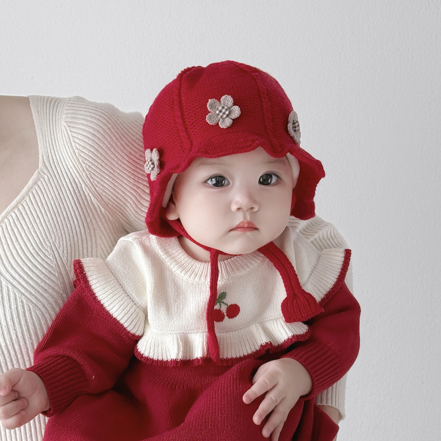 彼彼熊毛线帽针织帽甜美小花喜庆