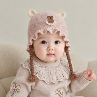 婴儿帽子春秋季宝宝毛线帽保暖护耳帽婴幼儿冬季加厚护耳帽女洋气