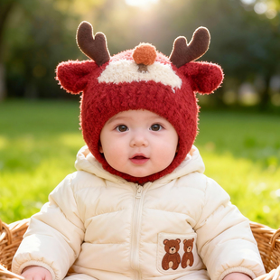 婴儿帽子秋冬季宝宝毛线帽儿童针织帽女童冬季护耳帽红色男童冬天