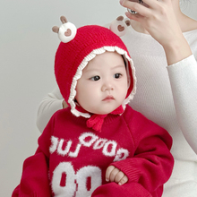 婴儿帽子秋冬季宝宝保暖针织帽婴幼儿护耳帽红色喜庆毛线帽女冬天
