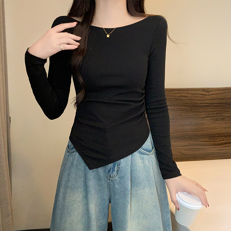 黑色一字领露锁骨长袖T恤女