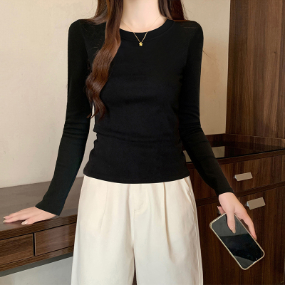 黑色纯棉圆领长袖打底衫女2025新款冬季内搭高级感可外穿修身上衣