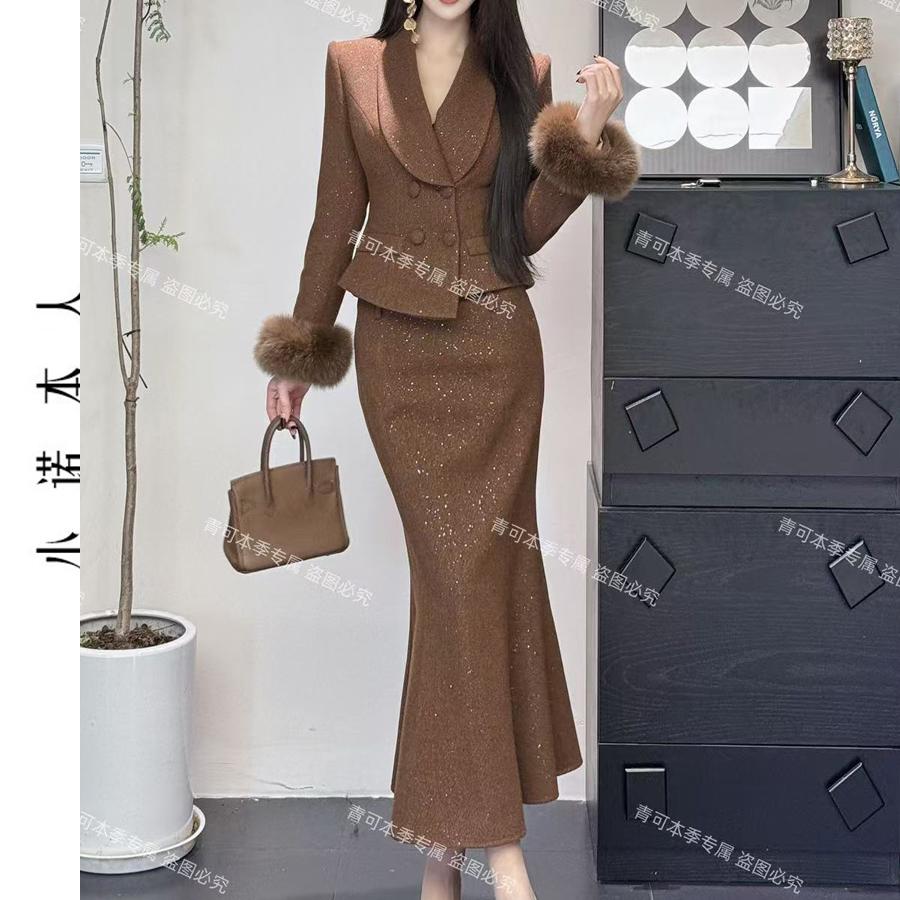 轻奢亮闪时尚套装小诺毛呢2024