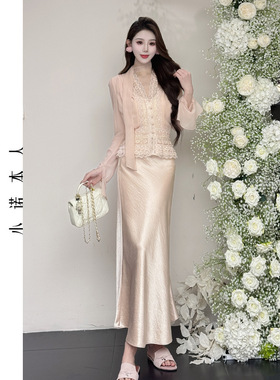 小诺本人v领长袖衬衫2025新款蕾丝拼接短上衣高腰鱼尾裙套装25432