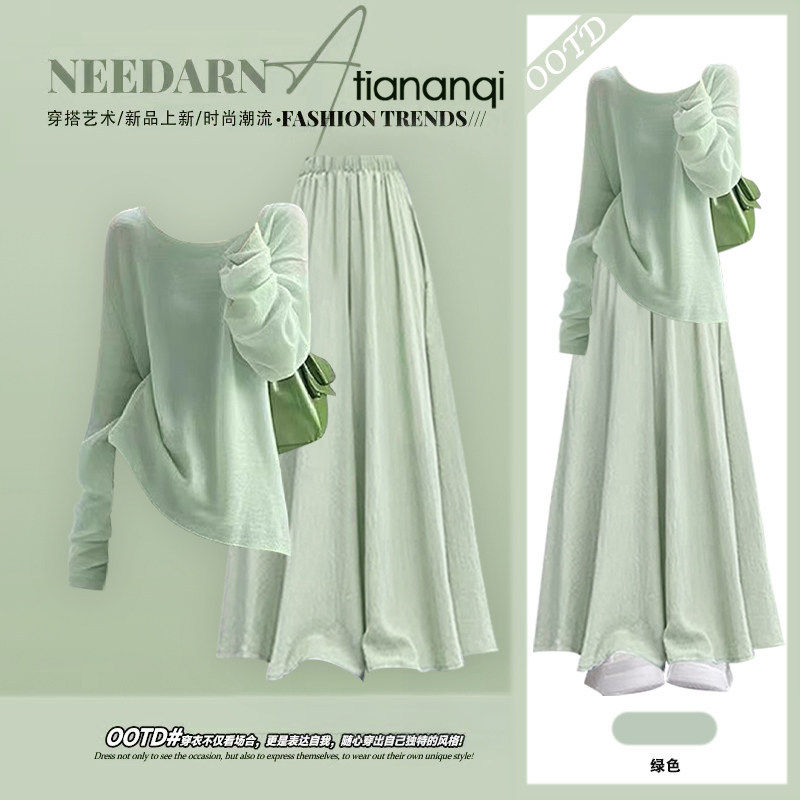 春季气质高级感一整套穿搭宽松薄款长袖T恤女显瘦遮肉半身裙套装