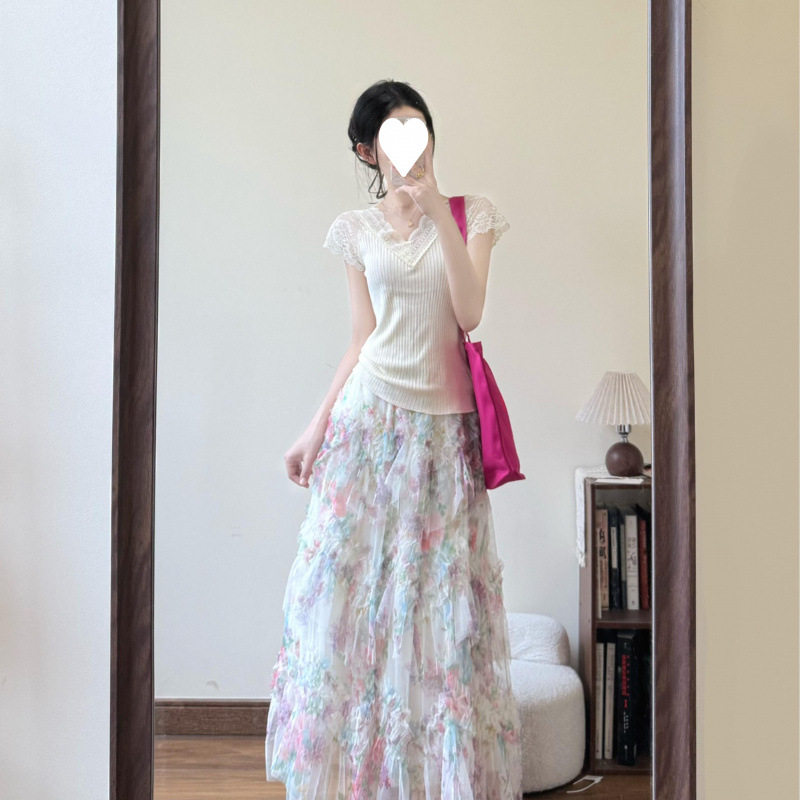 甜美法式蕾丝针织衫蛋糕裙吊带背心仙女碎花半身裙夏季新款两件套