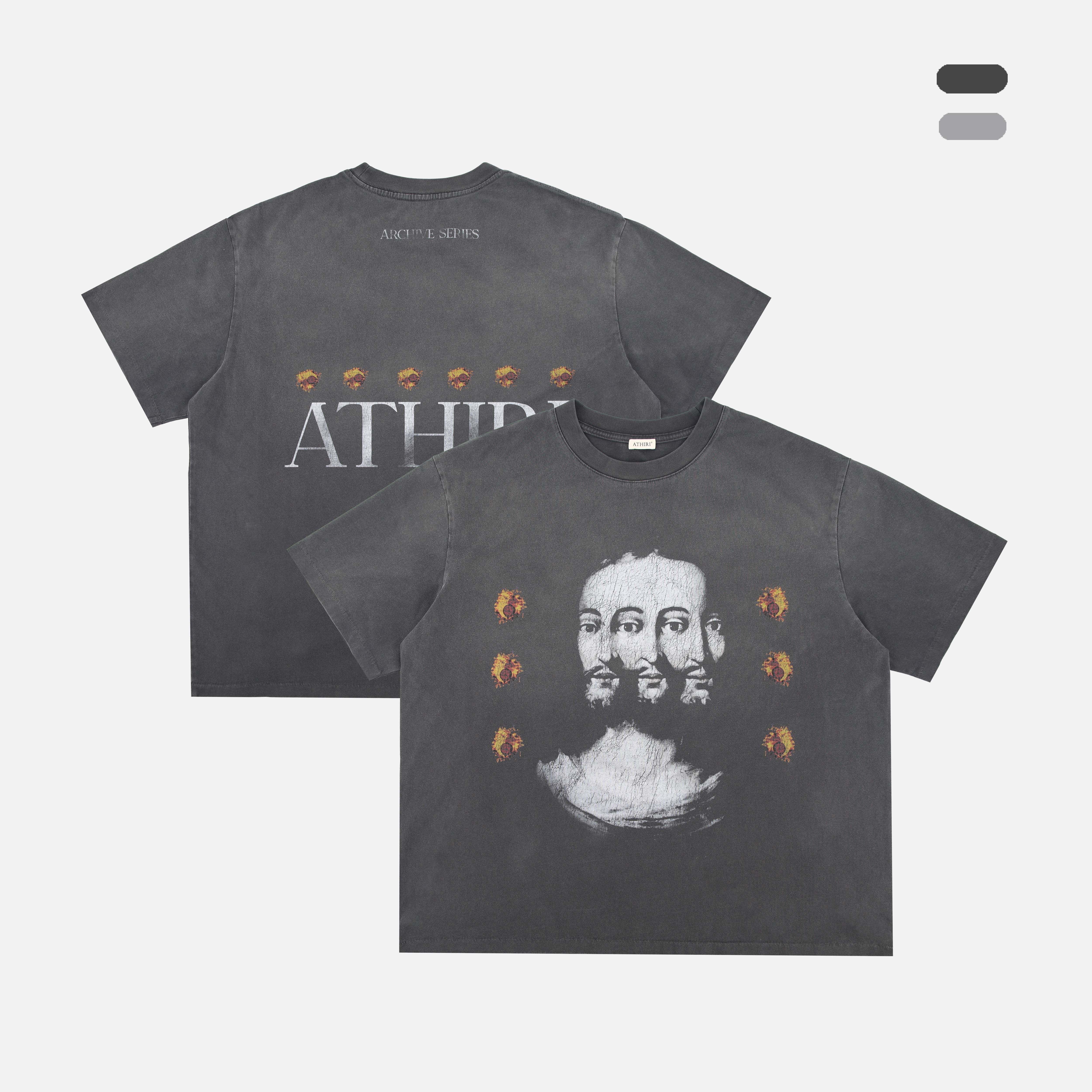 ATHIRI 三面人像印花成衣染色单缝线做旧Vintage短袖T恤男女同款