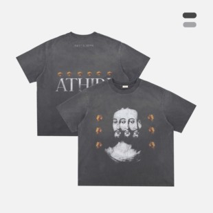 ATHIRI 三面人像印花成衣染色单缝线做旧Vintage短袖T恤男女同款