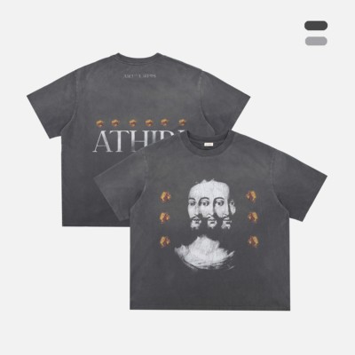 ATHIRI 三面人像印花成衣染色单缝线做旧Vintage短袖T恤男女同款