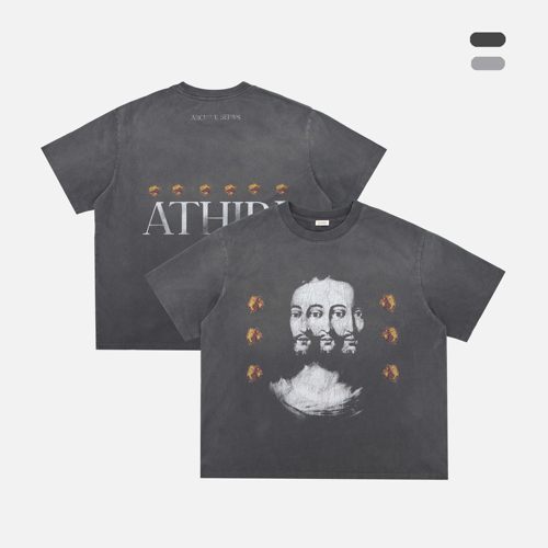 ATHIRI 三面人像印花成衣染色单缝线做旧Vintage短袖T恤男女同款