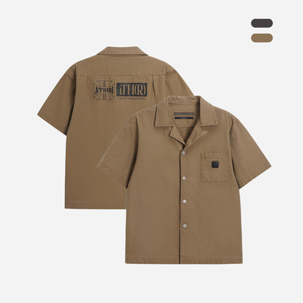 ATHIRI 帕克营地图形LOGO印花工装帆布短袖衬衫BUTTON-UP