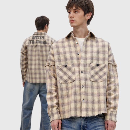 ATHIRI 进口羊毛混纺低饱和色织格纹流苏下摆长袖衬衫外套