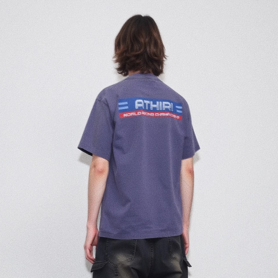 ATHIRI 赛车工牌康丽无感印花阿苏特水洗做旧单缝线短袖T恤